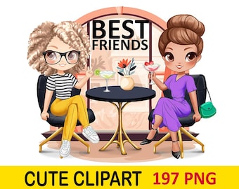 Best Friends Clipart – Café Girls – Customizable Chibi Friends –  LGBT giri - Afro Girls, Sisters PNG – Personalized Besties – 197 PNG
