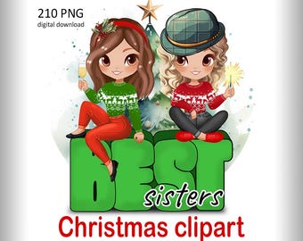 Best Friends Christmas Clipart, Sisters Clipart, Girls Clipart, Chibi Holiday Clipart, Afro Girls, Customizable PNG
