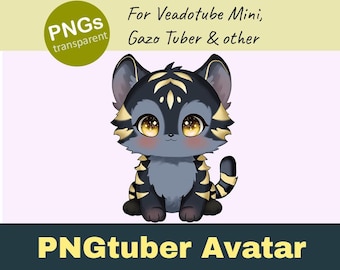 Black Tiger PNG tuber Avatar – 8 Chibi Anime-Style Reactive PNGs + Veadotube Preset – Kawaii Gold Tiger Boy for Streaming