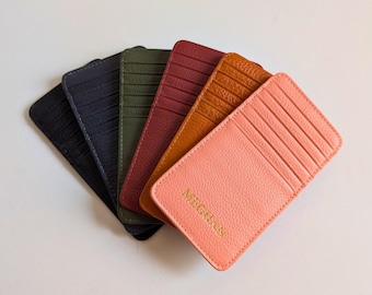 Personalized Leather Card Holder, Extra Large Monogram Wallet, Gold Embossed Pebbled Case