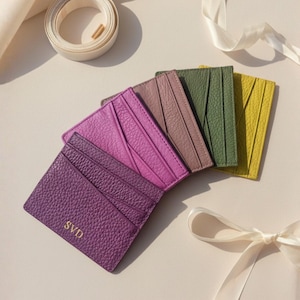 Genuine Leather Card Holder for Women, Matte Leather Monogram Wallet, Diagonal Slot Credit Card Wallet, Gift for Her