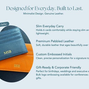 Personalized slim leather card holder with embossed initials, highlighting pebbled leather texture and minimalist everyday carry design.