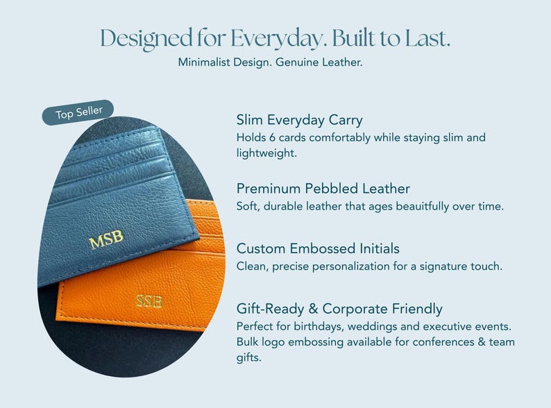 Personalized slim leather card holder with embossed initials, highlighting pebbled leather texture and minimalist everyday carry design.