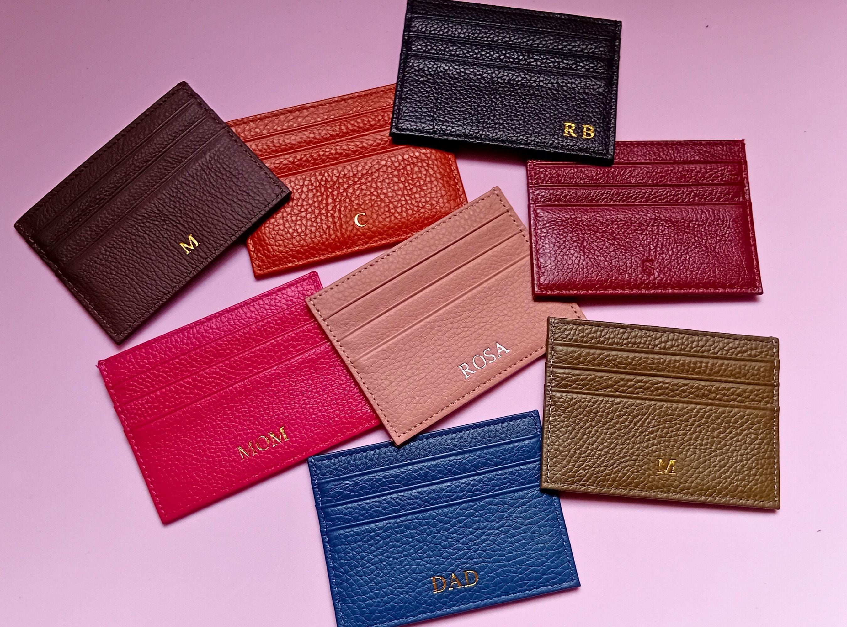 Genuine leather colored card holder, monogram leather credit card wallet, personalized wedding gift ideas, custom initials, corporate gifts