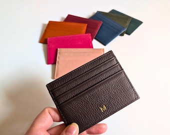 Genuine Leather Card Holder, Slim Monogram Credit Card Wallet, Personalized Initials Gift