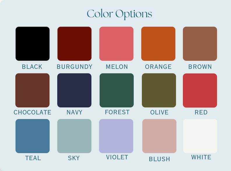 Color options: Black, Brown, Red, Melon, Orange, Blush, Chocolate, Brown, Navy, Forest, Olive, Red, Teal, Sky, Violet, White.