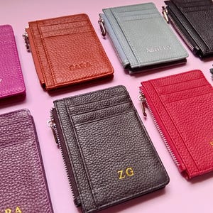 Porte-cartes à fermeture éclair bordeaux, porte-monnaie en cuir véritable, cadeau EVJF personnalisé, portefeuille rouge, porte-monnaie rose pour femme, initiales personnalisées
