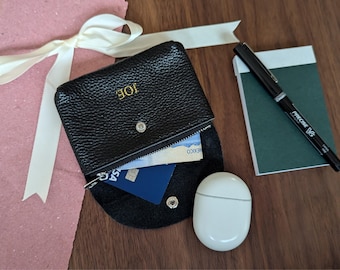 Personalized Leather Coin Purse, Embroidered Initial Change Holder, Small Leather Wallet