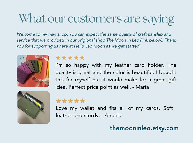 Shop reviews. Three 5 star reviews. Noting great quality slim design and soft leather.