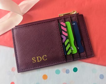 Monogram card holder, personalized purse, custom monogram slim wallet with zipper, credit cardholder, slim wallet, custom gift mom christmas