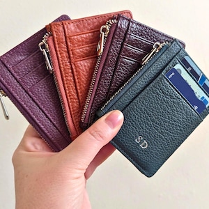 Personalized Slim Leather Zip Card Holder, Compact Wallet with 8 Card Slots & Coin Pocket, Custom Monogram Leather Card Case