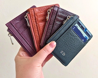 Personalized Slim Leather Card Holder, 8 Card Slots, Zip Coin Pocket