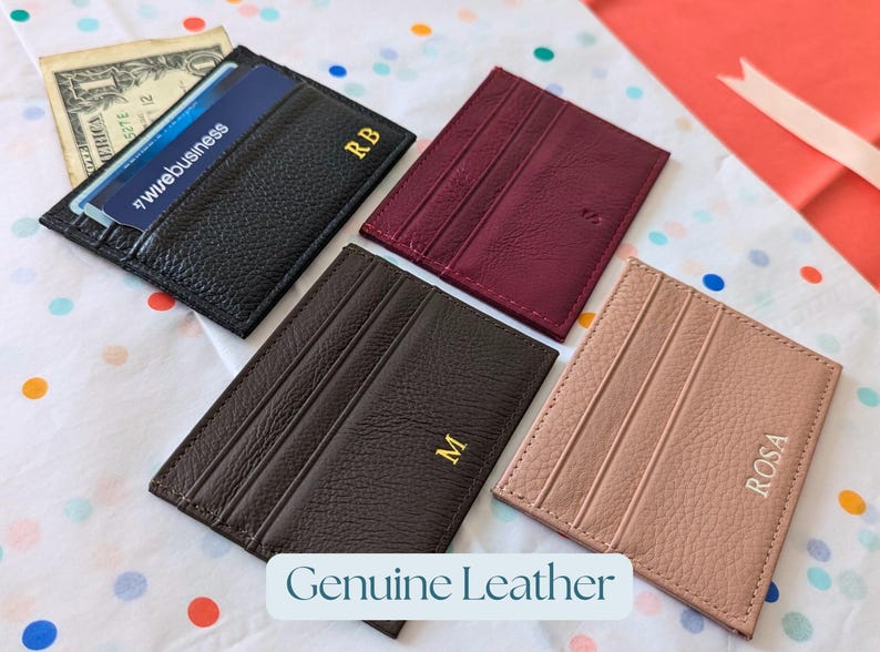 Real leather card holder in chocolate, pink,  burgundy wine and black.