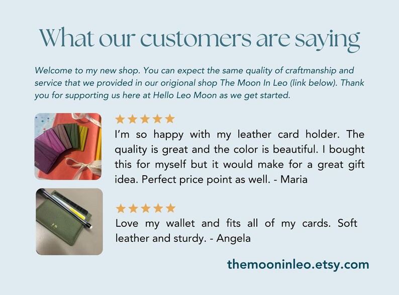 Shop reviews. Three 5 star reviews. Noting great quality slim design and soft leather.
