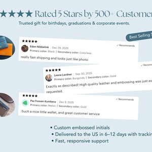 Five-star customer reviews for personalized slim leather card holder featuring embossed initials, highlighting quality leather, beautiful craftsmanship, fast delivery to the US, and excellent customer service.