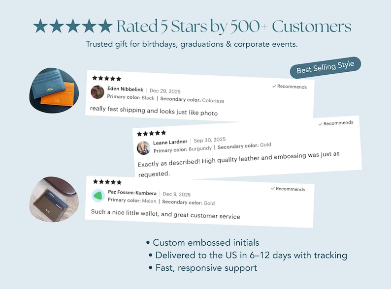 Five-star customer reviews for personalized slim leather card holder featuring embossed initials, highlighting quality leather, beautiful craftsmanship, fast delivery to the US, and excellent customer service.