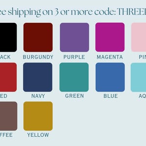 Color options black, burgundy, purple, magenta, pink, red, navy, green, blue, aqua, coffee, and yellow.