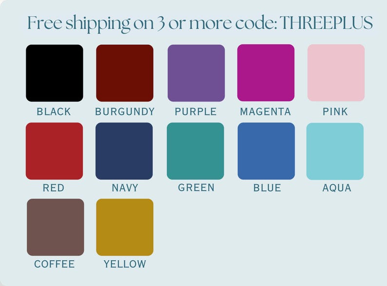 Color options black, burgundy, purple, magenta, pink, red, navy, green, blue, aqua, coffee, and yellow.