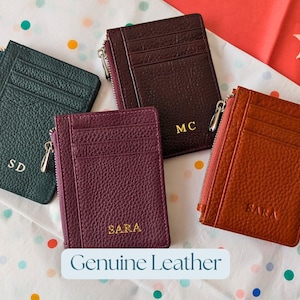 Zipper card holder, genuine leather coin purse, personalized bachelorette gift, burgundy wallet custom gift, slim credit cardholder initials