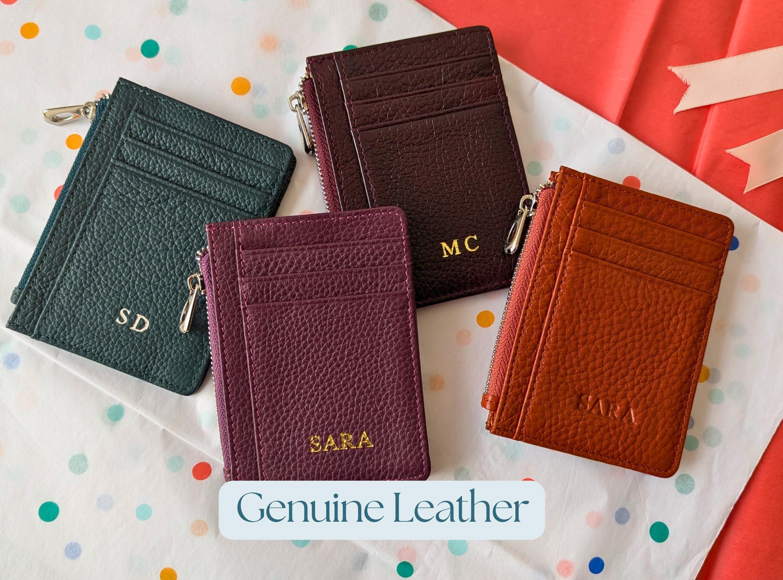 Zipper card holder, genuine leather coin purse, personalized bachelorette gift, burgundy wallet custom gift, slim credit cardholder initials