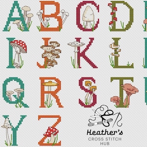 May include: Cross-stitch alphabet featuring colorful mushroom illustrations. Each letter is designed with a unique mushroom, in shades of red, orange, green, and brown. The design includes the text "Heather's Cross Stitch Hub".