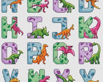Dinosaurus alfabet kruissteekpatroon PDF, prehistorische dieren ABC-kaart (directe download)