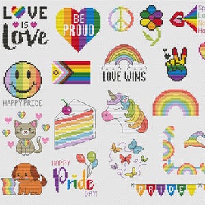 Peut inclure: Divers motifs de point de croix aux couleurs de la fierté. Comprend des arcs-en-ciel, des cœurs, des signes de paix, un smiley et des textes tels que "Love is Love", "Be Proud", "Love Wins", "Happy Pride" et "Happy Pride Day!"