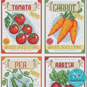 May include: Cross-stitch patterns featuring vintage seed packets for tomato, carrot, pea, and radish. Each design includes the name of the vegetable, the price, and the year 1897. The patterns are from Woods Seed Store.
