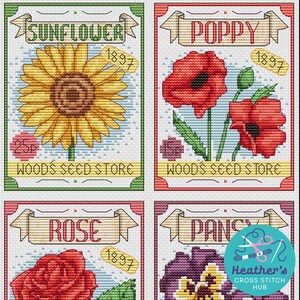 May include: Four cross-stitch designs featuring flowers: sunflower, poppy, rose, and pansy. Each design includes the flower's name in a banner, the year "1897", and "Woods Seed Store". The designs are framed with green, red, pink, and purple borders.