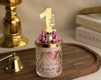 Candela di compleanno personalizzata, numero a specchio e composizione floreale