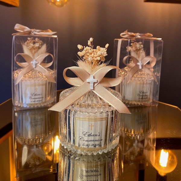 Perlmutt-Kreuz auf Glaskerze, erste heilige Kommunionbevorzugung für Gäste, elegante personalisierte Taufe Kerzenbevorzugungen, Hochzeitsbevorzugungen