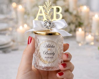 Personalisierte Monogramm Hochzeit Gefälligkeiten, benutzerdefinierte Initialen Deckel Gold Kerze, Massen-Luxus-Hochzeits-Gastgeschenke