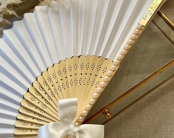 Personalized Wedding Hand Fan: Pearls, Ribbon & Engraved Tag