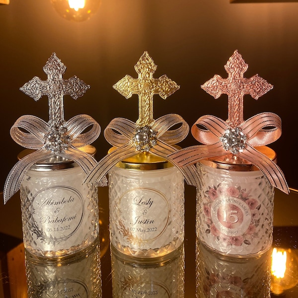 Obsequio de boda personalizado • Obsequio de boda con tapa cruzada única • Vela de agradecimiento para invitados • Obsequios de fiesta de cumpleaños • Vela de cristal