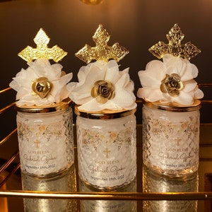 PERSONALIZED CANDLE GIFT Wedding Favors for Guest . Luxury Golden Cross with Rose Lid Candle Favors in Glass . Baptism & Communion Favors