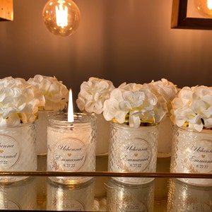 White Flower Glass Candle • Personalized Wedding Favor • Bridal Shower Favors • Bulk Wedding Favors • Thank you Favors • Favors for Guest