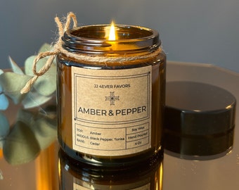 Amber & Pepper Scented 4 oz Amber Soy Candle, Natural Soy Candle Favor, Natural Amber Fragrance, Handmade Soy Candles