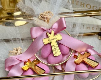 Personalized Baptism Favor: Gold Cross Tag, Custom Name & Date