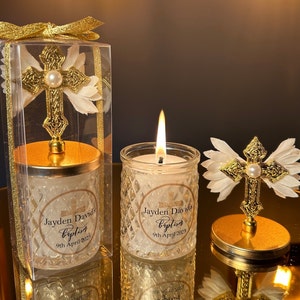 HANDMADE BAPTISM CANDLE Favor for Guests • Cross Lid with Wings Baptism Favors Gift• Personalized Christening Candle Favors in glass