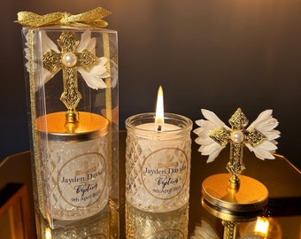 HANDMADE BAPTISM CANDLE Favor for Guests • Cross Lid with Wings Baptism Favors Gift• Personalized Christening Candle Favors in glass