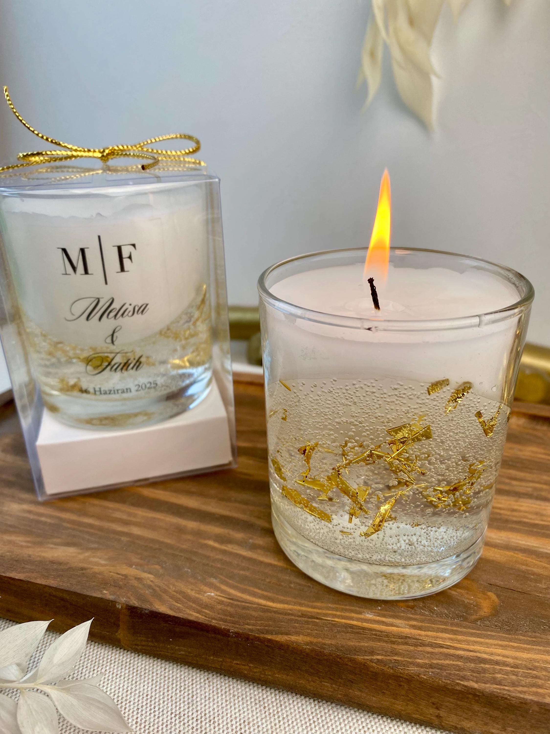Personalized Wedding Candle Favors, Gold Leaf Glass Candle, Elegant ...