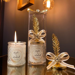 PERSONALIZED WEDDING FAVORS . Elegant Feathered Candles in Gold or Silver for Guests . Bridle Shower Party Favors . Pretty Candles in Bulk