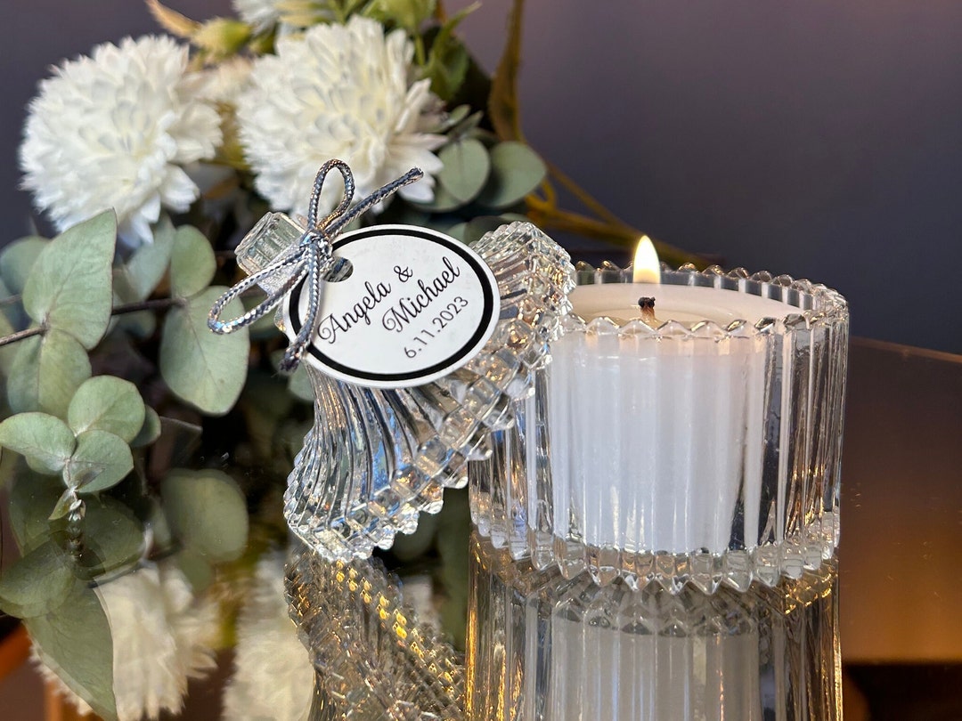 Personalized Wedding Candle Favors: Elegant Glass Candle, Ribbon Detail ...