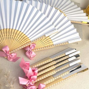 Personalized Bridal Shower Hand Fan with Pearls, Custom Name Paper Fan Favor, Elegant Guest Fan for Summer Celebration