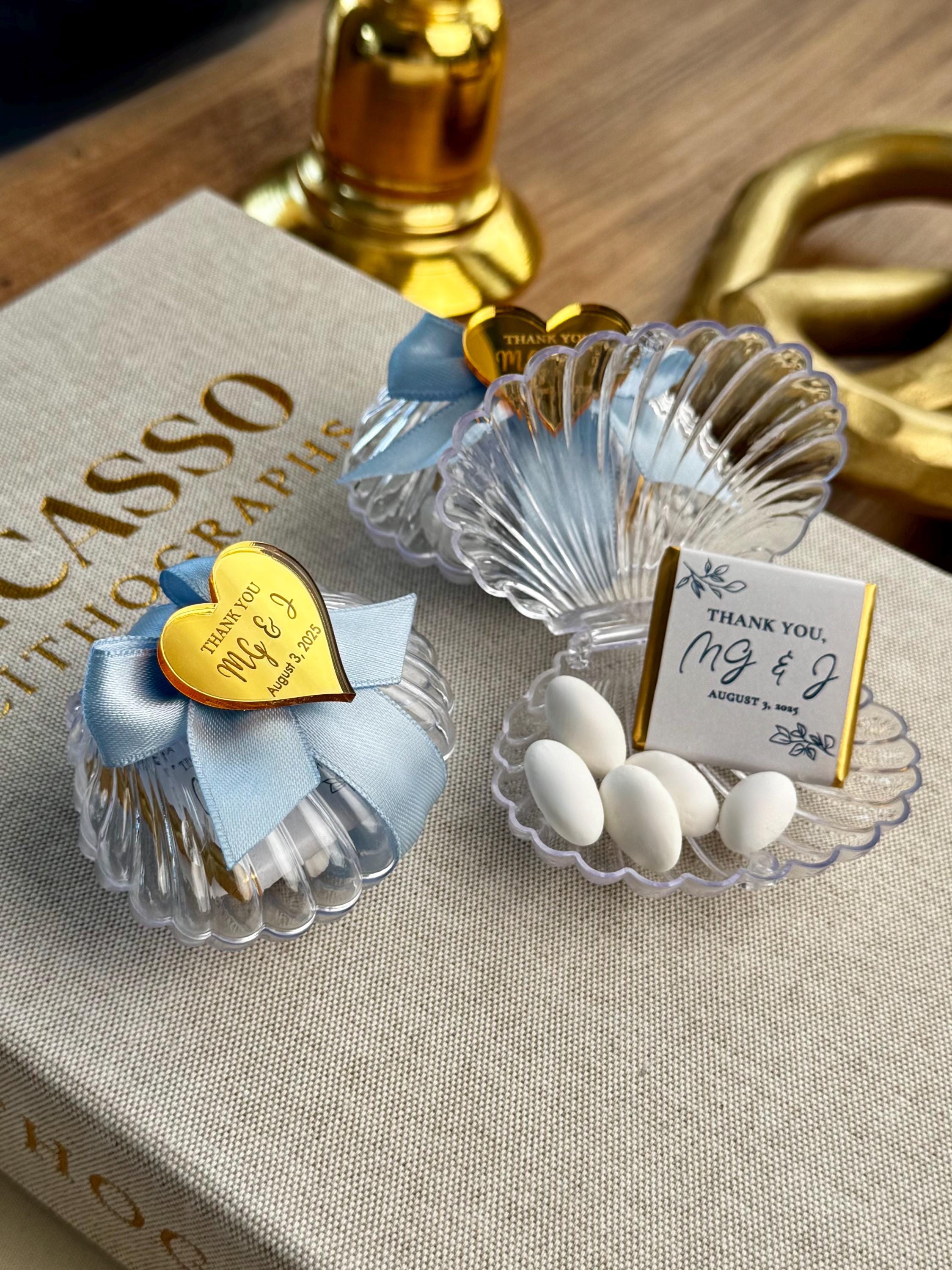 Shell Favour Personalized Shell Wedding Favor Box: Gold Heart Tag, Satin Ribbon - Etsy