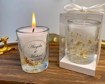 Gepersonaliseerde kaars bruiloft bedankje, aangepaste naam en datum glazen kaars, elegant bladgoud bruiloft aandenken cadeau