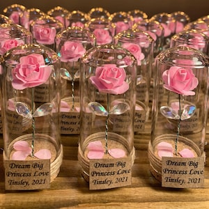 10 Pcs BEAUTY and the BEAST ROSE with fallen red petals in glass dome . Personalized Wedding Favor . Enchanted Rose with Tinsel Mini Glass