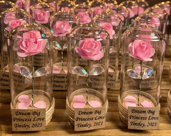 10 Pcs BEAUTY and the BEAST ROSE with fallen red petals in glass dome . Personalized Wedding Favor . Enchanted Rose with Tinsel Mini Glass