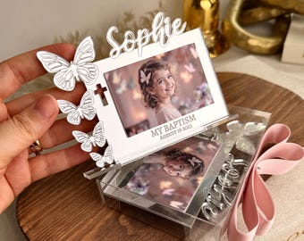 Personalized Baptism Photo Frame Favor: Butterfly & Cross Keepsake