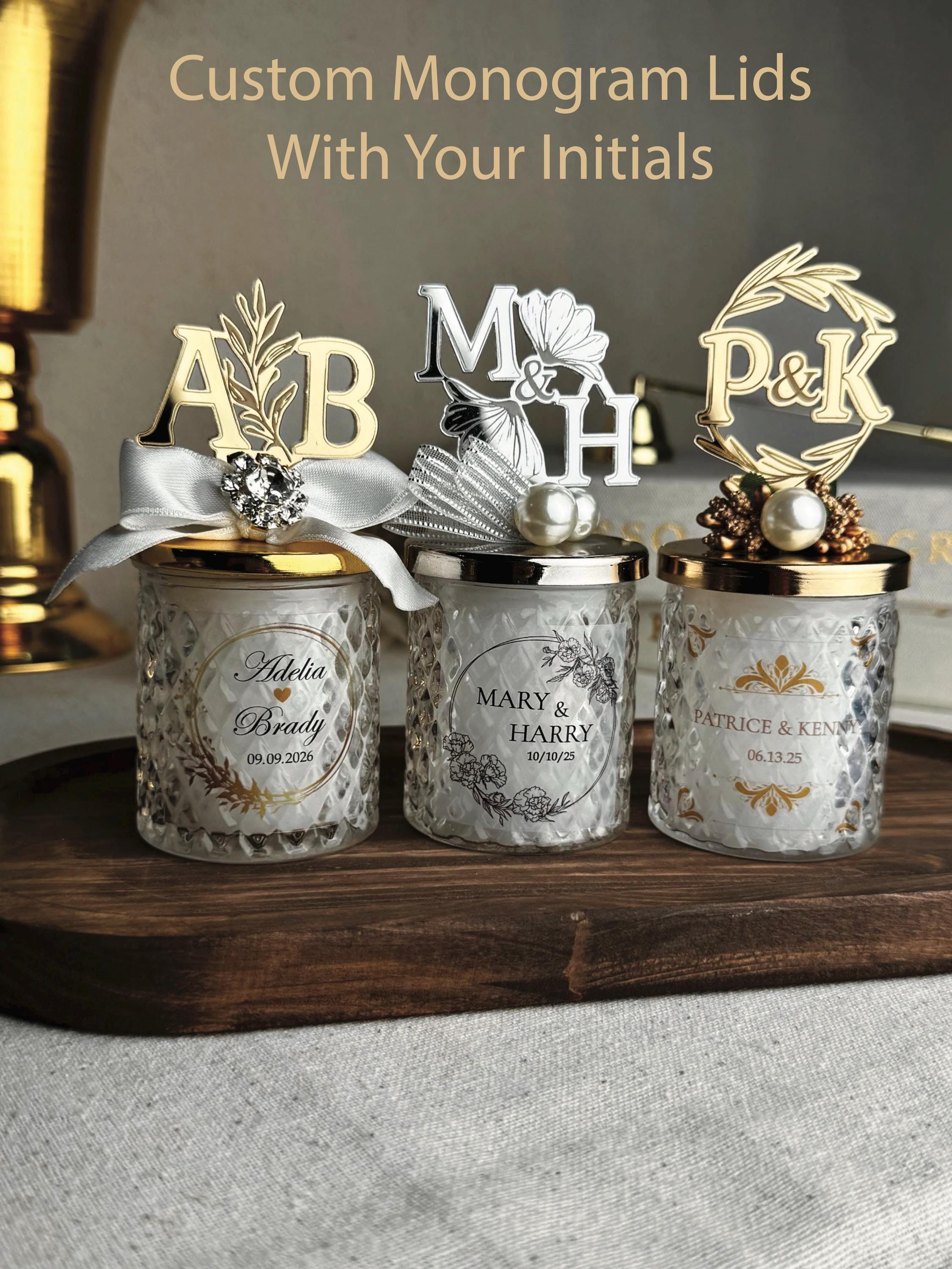 Customized Initials Raisins Personalized Monogram Wedding Favors, Custom Initials Lid Gold Candle ...